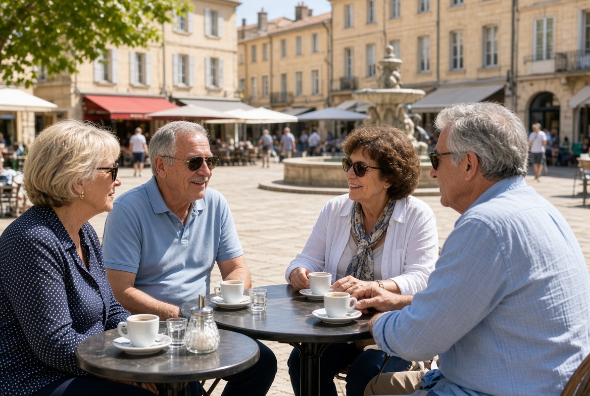 Quatre personnes autour de tasses, en terrasse sur une place.