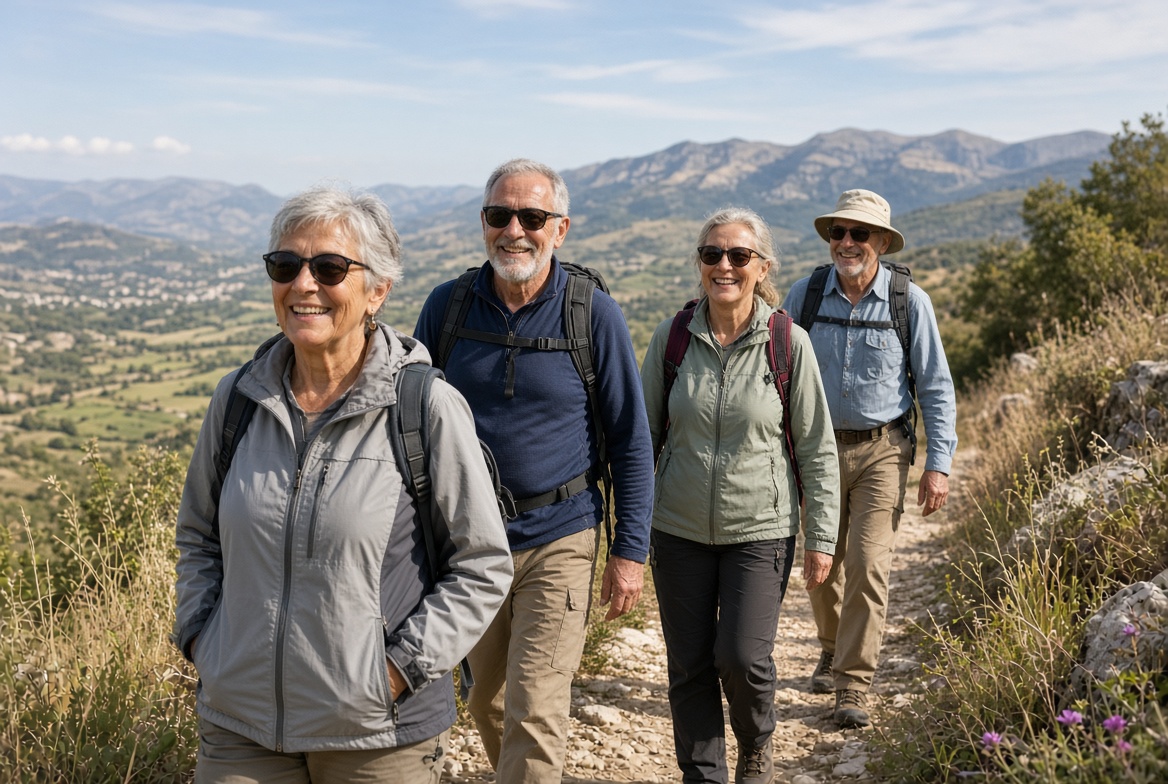 Quatre marcheurs avec sacs à dos sur un sentier, collines derrière eux.
