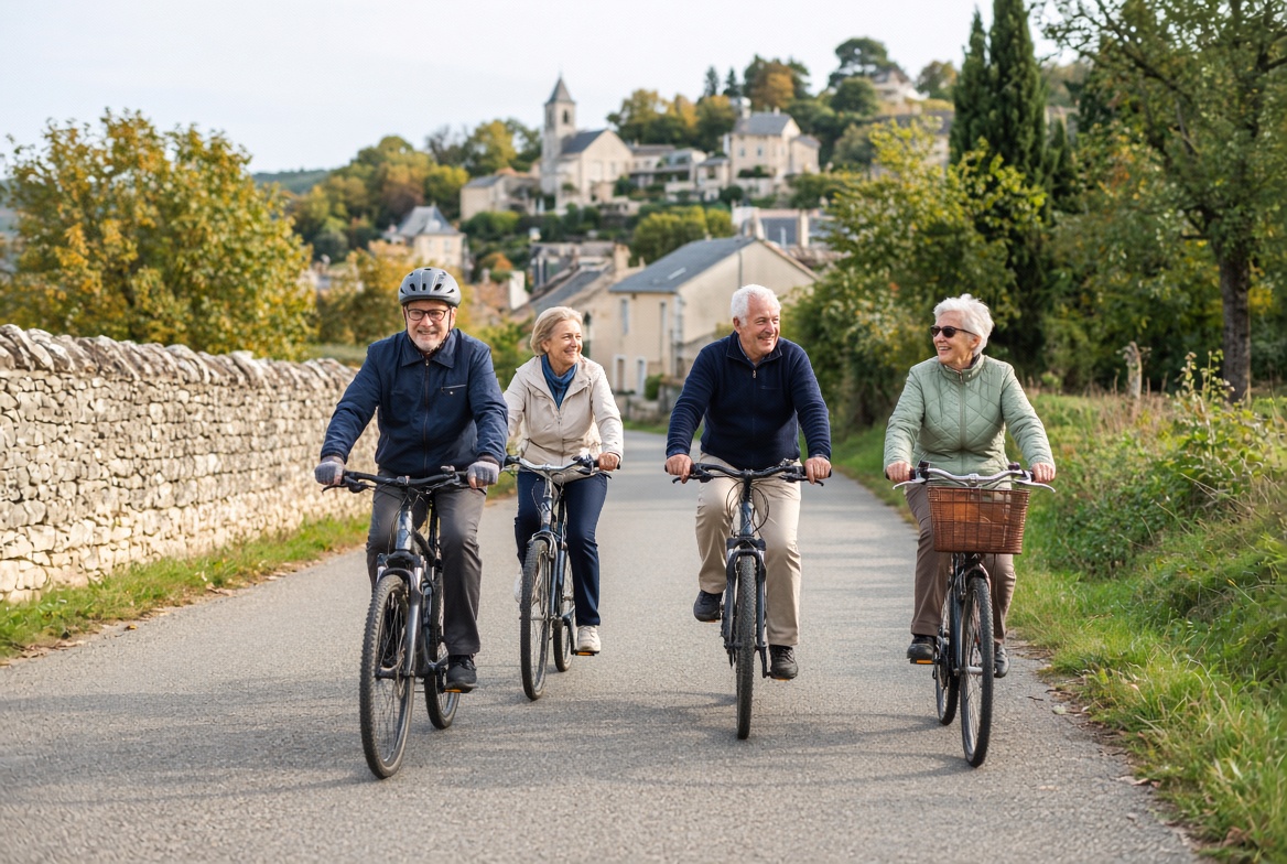 Quatre cyclistes sur une route de campagne, un village au fond.
